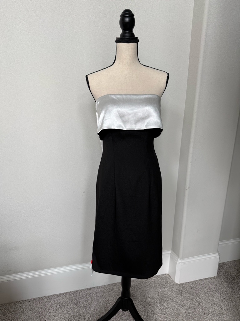 Rene Ruiz Strapless Black And White Mikado And Crepe Sheath Dress With Bow Back